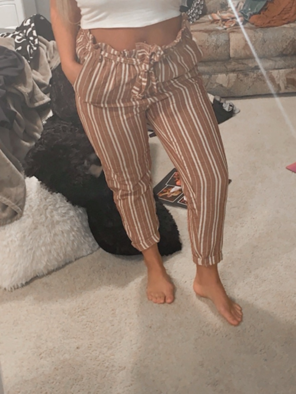 Striped Paperbag Waist Cropped Pants